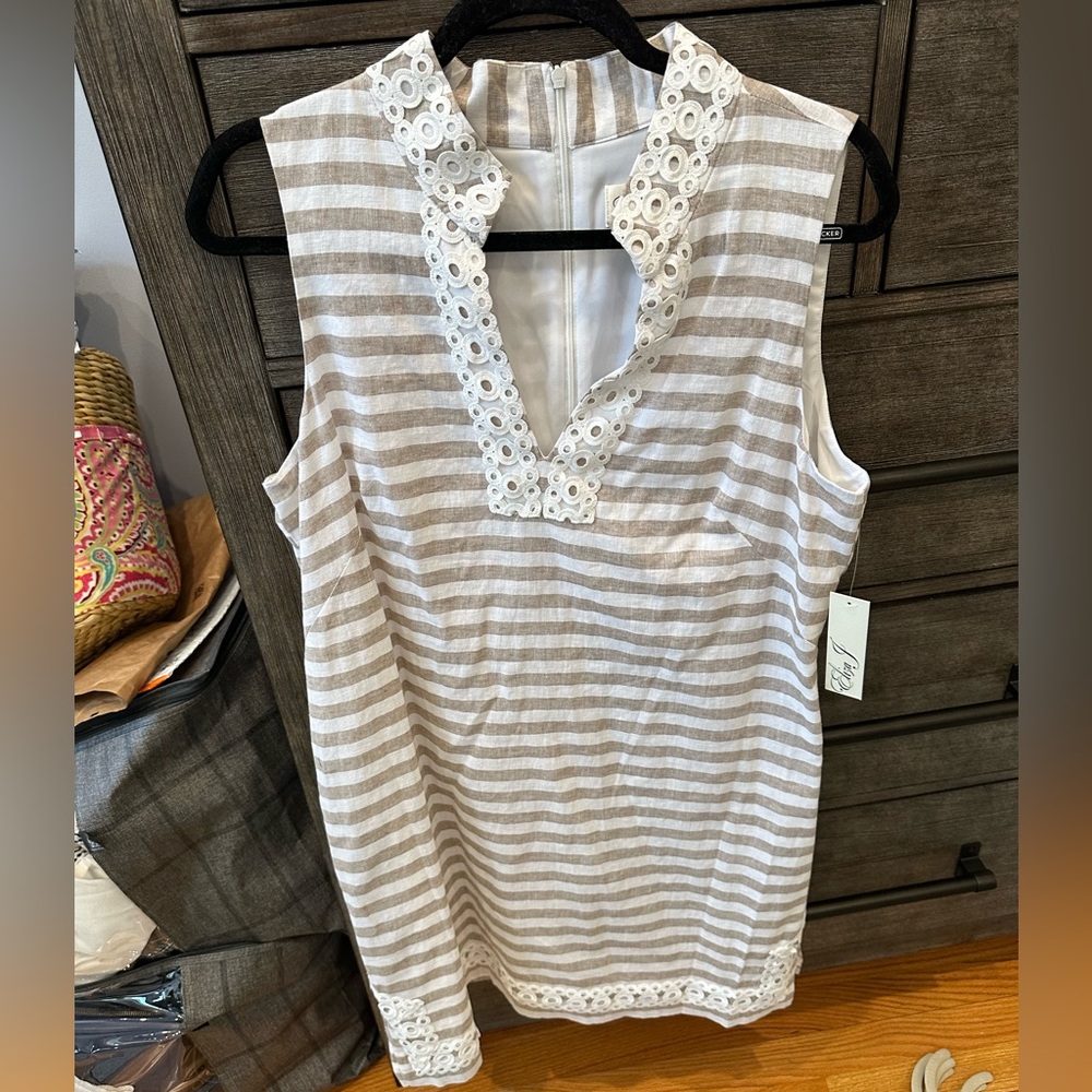Eliza J tan and white NWT striped dress. Sz 14.